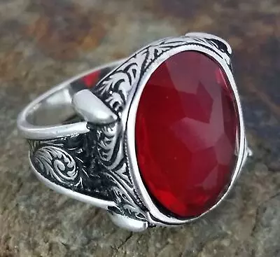 Solid 925 Sterling Silver Red Cubic Zircon Cut Gemstone Official Men's Ring • $45.99