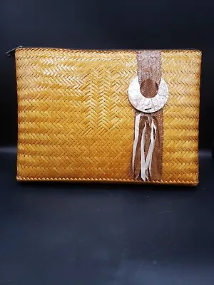 Vintage Valerie Woven Bamboo/Snake Skin & Mother Of Pearl Accent Clutch Purse • $43