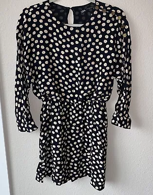 ZARA Polka Dot Black Cream Dress With Gold Buttons SZ S Knee Length Open Sleeve • $14.96