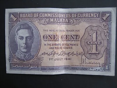 Malaya 1941 WW2 1 Cent Banknote GF • £3