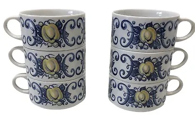 Villeroy & Boch CADIZ Set Of 6 Flat Coffee Tea Cups Blue Swirls Yellow Fruit • $33.78