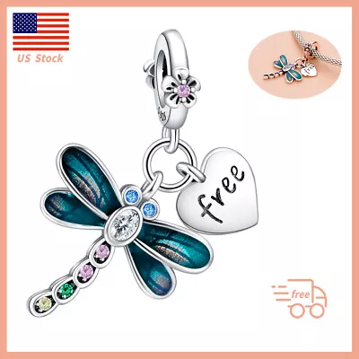 New Authentic Dragonfly Heart Dangle Charm 925 Sterling Silver Bracelet Charm • $19.99