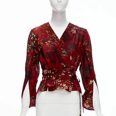 KENZO Vintage Red Floral Silk Wool Kimono Sleeves Wrap Tie Top FR36 S • $368