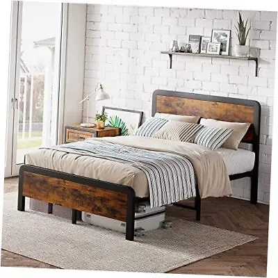 Size Bed Frame With Wood Headboard Metal Platform Frame With Full Retro Brown • $230.93
