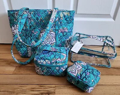 Vera Bradley Vera Tote Peacock Garden Bag Purse & 3 Piece Cosmetic Set NWT Teal  • $70
