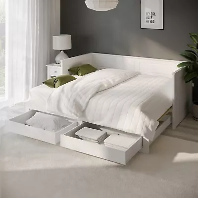Single Wooden Day Bed With Trundle And Storage In White - Lincoln LNC001 • £349.92