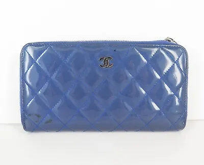 Chanel Patent Matelasse Blue Zip Around Purse Wallet • $399