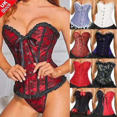 Women Sexy Overbust Boned Corset Basque Burlesque Top Lace-Up Costume Lingerie • £15.79