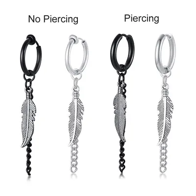 New Men Ear Drops Earrings Tassel Chain Feather Dangle Ear Studs Clamp Clip On • £4.91