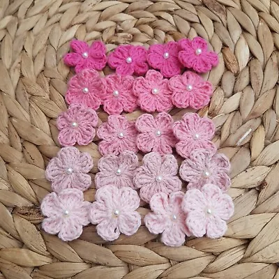 20 Handmade Crochet Flowers With Pearl Pink  Embellishment Applique Patches  • £4.90