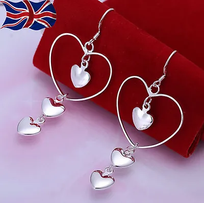 925 Sterling Silver Heart Earrings Triple Heart Dangle Drop Love UK • £3.99