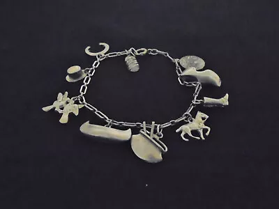 Vintage Sterling Silver Charm Bracelet Aztec Love Birds Top Hat Canoe 10 Charms • $65