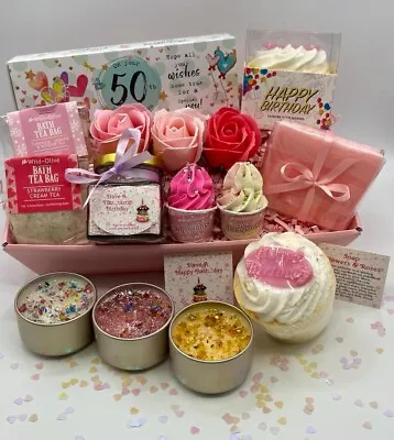 Ladies HAPPY 50th BIRTHDAY Gift Box Scented Candles SPA Pamper Bath Bomb Hamper • £36.99