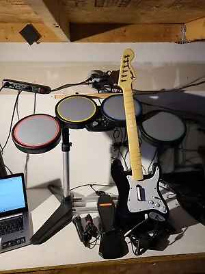 $207.44 • Buy Xbox 360 Rock Band BUNDLE Tested Guitar Drums Mic Working Set Mj