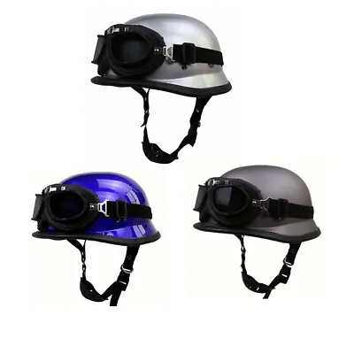 DOT German Motorcycle Half Helmet With Goggles Chopper Scooter Helmet Skull Cap • $88.86