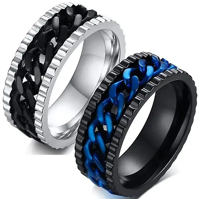 Stainless Steel Gear Edge Thin Blue LIne Spinning Band Ring Silver Or Black • $8.99