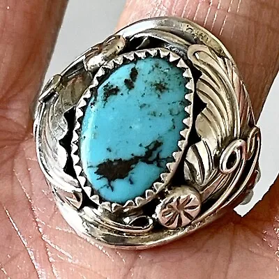 Navajo Natural Turquoise Mens Ring Sz 12 Sterling Leaf Feather Native Unsigned • $99.94