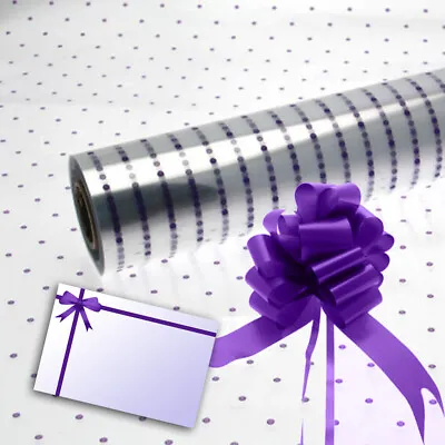 £0.99 • Buy Purple Dot Cellophane Gift Wrap Birthday Hamper Basket + Pull Bow & Bow Card