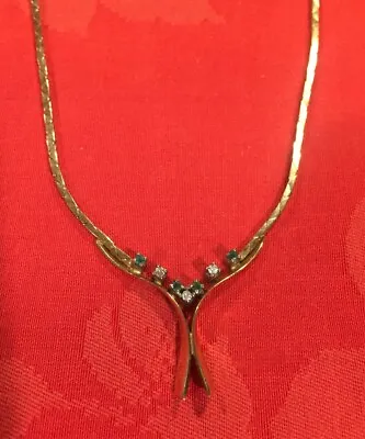 Vintage 14K Yellow Gold V Shaped Emerald & Diamond Necklace • $825