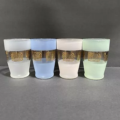 Vintage Atomic Frosted Juice Glasses Set Of 4 Pastel Colors With Gold Collect • $18