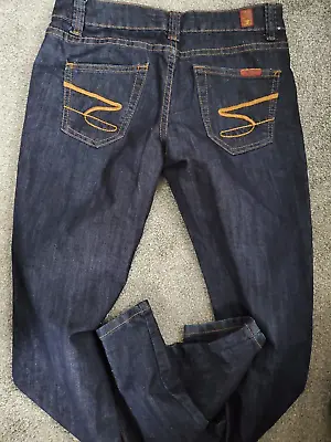7 For All Mankind Straight Embroidered Dark Wash Stretch Blue Jeans Size 28 • $22.34