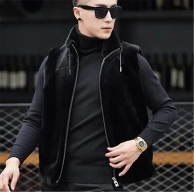 Winter Mens Vest Jackets Coat Warm Sleeveless Hooded Motor Rabbit  Fur Outwear • $49.19