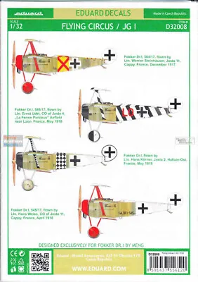 EDUD32008 1:32 Eduard Decals - Fokker Dr.I 'Flying Circus / JG.I' • $19.84