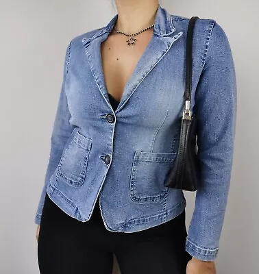 Vintage 90s New Look Denim Jacket UK 14 Blue Faded Stretch Cotton Button Pockets • £23.99