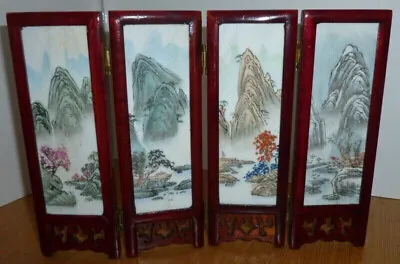 Vintage Miniature Japanese Folding Panel Byobu Screen - Wood - Ceramic • £40