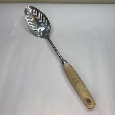 Vintage EKCO Eterna Slotted Spoon Stainless Steel Throughout Wood Handle USA • $15.55