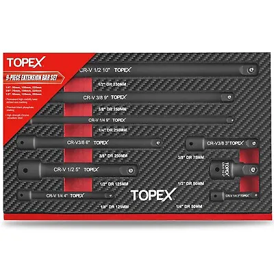 $35 • Buy TOPEX 9-Piece Extension Bar Set 1/4  3/8  And 1/2  Black Drive Socket Extensions