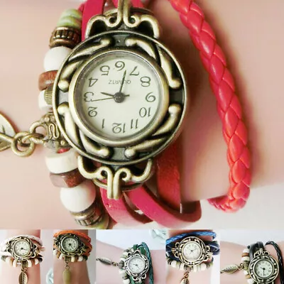 Women Children Retro Wrist Watch Leather Winding Bracelet Leaf Pendant Watch AU • $12.99