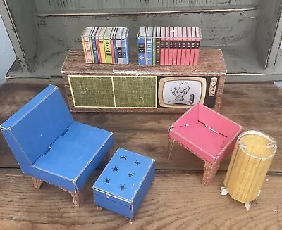 LOT VTG Original 60’s BARBIE DreamHouse TV STEREO BOOKS CHAIRS Cardboard FURN. • $15