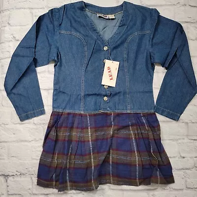 Tunic Top Dress Sz Small Pleated Plaid Flannel Denim Jean Vintage Style 90's Y2K • $14.95