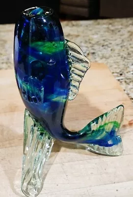 Mid Century Hand Blown Glass Fish Blue & Green Vintage Vase • $34.99