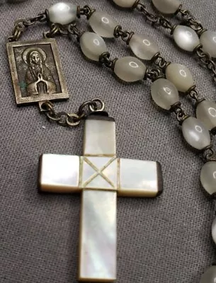 Vintage Rosary White Glass Beads Mother Of Pearl Cross Catholic Christian G54 • $39.99