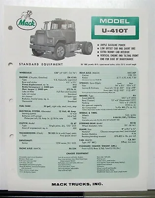 1966 Mack Truck Model U 410T Specification Sheet • $12.17