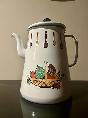 Vintage Enamelware White Coffee Pot Painted Vegetables Kitsch Cowboy Coffee Nice • $32.99