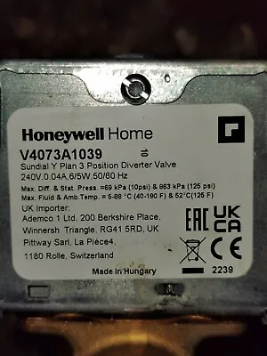 Honeywell 22mm 3 Port Motorised Mid Position Diverter Valve V4073A1039 • £40