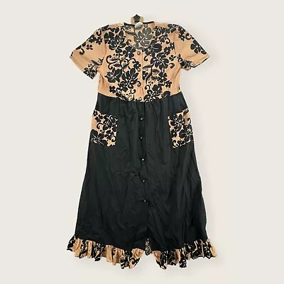 Vintage Ruh Muumuu Dress Womens Large Hawaiian Black Floral Midi Aloha • $39.99