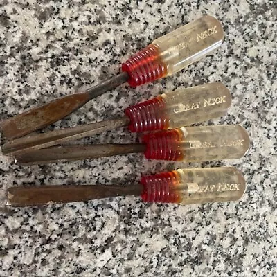 Vintage Set Of 4 Great Neck Chisels Tools Red Deco Handles Wood Carving • $8.99