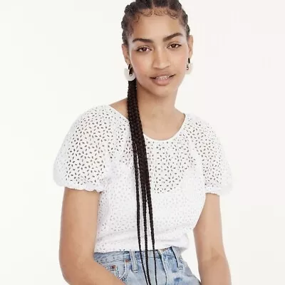 J Crew Puff Sleeve V-Back Eyelet Top Blouse Womens Size 4 White Fitted Unlined • $29.99