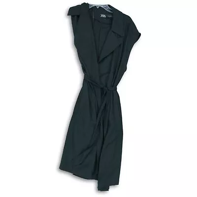 Zara Womens Black Sleeveless Notch Collar Belted Trench Dress Size Large • $25.99