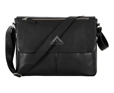 Laptop Messenger Bag Black Cowhide Leather Briefcase Shoulder Office Travel Bag • £63.99