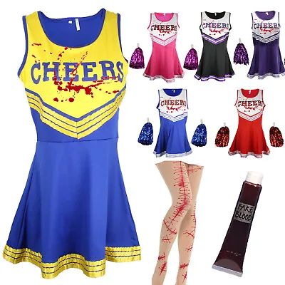 Zombie Cheerleader Halloween Fancy Dress Outfit Costume Bloody Scar Tights Blood • £19.97