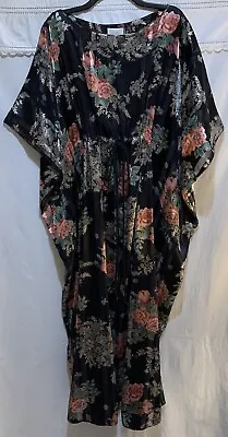 ❤️Vintage Lucie Ann Made In USA Maxi Long Kaftan Coverup Robe Black Floral EUC • $59