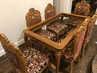 Vintage Solid Teak Wood Carved Dining Table 6 Chairs Set W/ Silk Upholstery • $2000