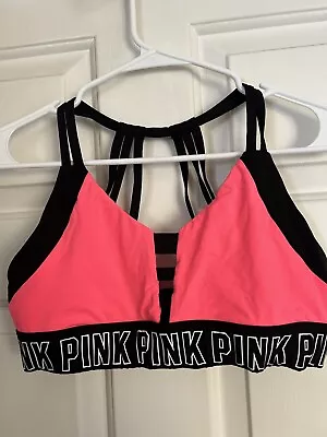 Victoria's Secret Pink Sports Bra Ultimate Strappy Back Large Pink Black Trim • $17.88