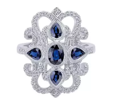 Gabriel & Co. Vintage Style 14K White Gold Dramatic Sapphire & Pavé Diamond Ring • $1350