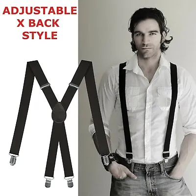 Men X-Shape Suspenders Elastic Strap Brace 3 Clips Adjustable Pants Brace TBN US • $5.75